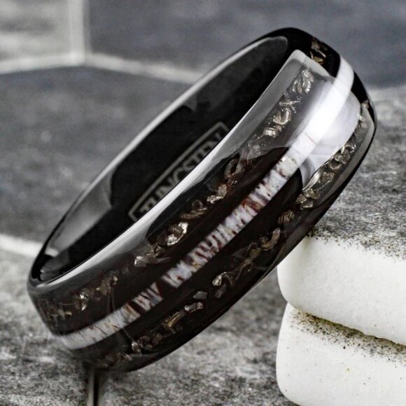 COOL POLISHED BLACK LOW DOME TUNGSTEN RING WITH WHITE SPECKLED ANTLER, BLACK - Picture 3 of 4